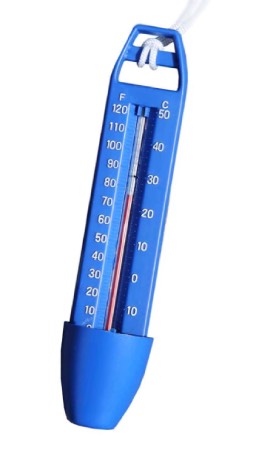 Floating swimming pool thermometer to monitor temperature of pool water